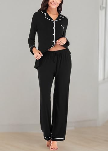 Aamikast Women's Pajama Sets Long Sleeve Button Down Sleepwear Nightwear Soft Pjs Lounge Sets (Black XS)