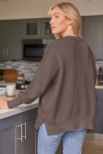 LILLUSORY Women's Oversized Batwing Sweaters 2024 Fall Outfits Crewneck Ribbed Knit Side Slit Trendy Pullover Tops Nutmeg S