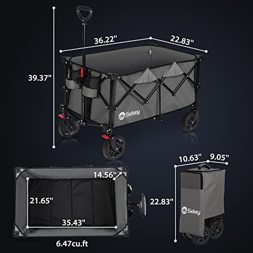 Sekey 220L Collapsible Foldable Wagon with 330lbs Weight Capacity, Heavy Duty Folding Wagon Cart with Big All-Terrain Wheels & Drink Holders (Grey)