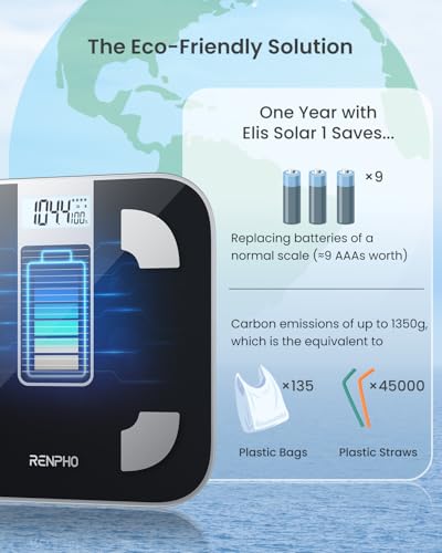 RENPHO Scale for Body Weight and Fat Percentage, No Battery Replacement Solar Power Digital Bathroom Smart Scale Bluetooth Body Fat Scale, Body Composition Monitor with App 400 lbs-Elis