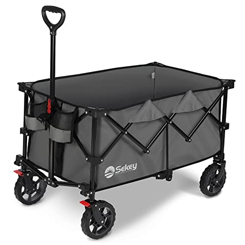 Sekey 220L Collapsible Foldable Wagon with 330lbs Weight Capacity, Heavy Duty Folding Wagon Cart with Big All-Terrain Wheels & Drink Holders (Grey)