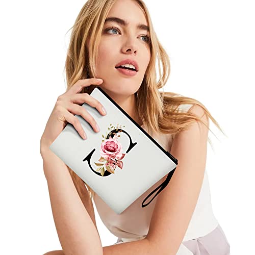 Vavabox A-Z Personalized Makeup Bag,Birthday Gifts for Women Mom,Gifts for Best Friend,Bride Bridesmaid Cosmetic bag (S, White)