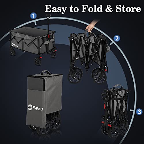 Sekey 220L Collapsible Foldable Wagon with 330lbs Weight Capacity, Heavy Duty Folding Wagon Cart with Big All-Terrain Wheels & Drink Holders (Grey)