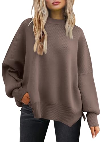 LILLUSORY Women's Oversized Batwing Sweaters 2024 Fall Outfits Crewneck Ribbed Knit Side Slit Trendy Pullover Tops Nutmeg S