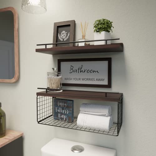 WOPITUES Floating Shelves for Bathroom Wall Decor Sign, Bathroom Organizers and Storage, Bathroom Shelves Over Toilet with Metal Guardrail-Rustic Brown
