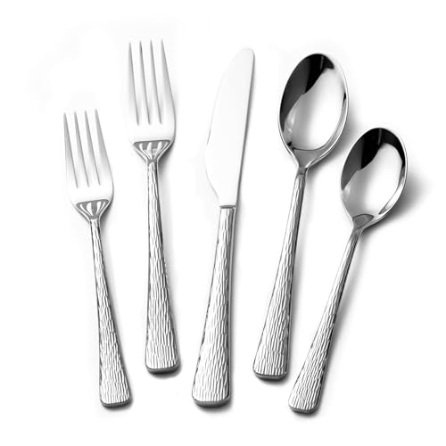 KINGSTONE Hammered Silverware Set, 40-Piece Flatware Set for 8, 18/10 Stainless Steel Premium Cutlery with Unique Ripple Handles Design Mirror Polished - Dishwasher Safe