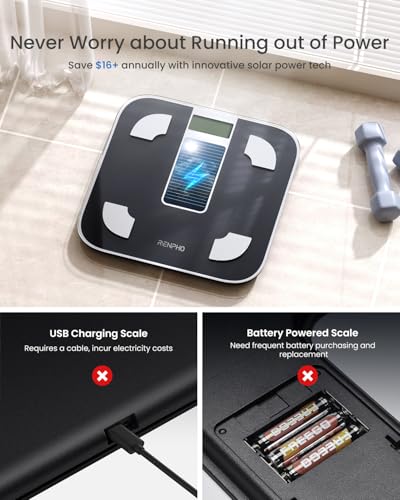 RENPHO Scale for Body Weight and Fat Percentage, No Battery Replacement Solar Power Digital Bathroom Smart Scale Bluetooth Body Fat Scale, Body Composition Monitor with App 400 lbs-Elis