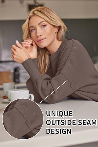 LILLUSORY Women's Oversized Batwing Sweaters 2024 Fall Outfits Crewneck Ribbed Knit Side Slit Trendy Pullover Tops Nutmeg S