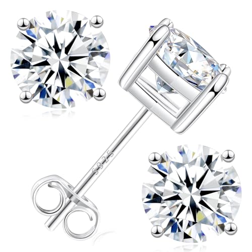Moissanite Lab Created Diamond Earrings 1.0ctw-3.0ctw Solitaire Studs, D Color VVS1, Hypoallergenic 925 Sterling Silver, White Gold Plated, Friction Back - Gift for Women & Men, Silver 4P