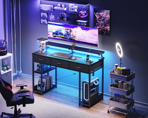 AODK 48 inch Computer Desk with 3 Drawers, Gaming Desk with LED Lights & Power Outlets, Home Office Desk with Storage Shelves & Monitor Stand, Modern Work Study Writing Table for Small Spaces, Black