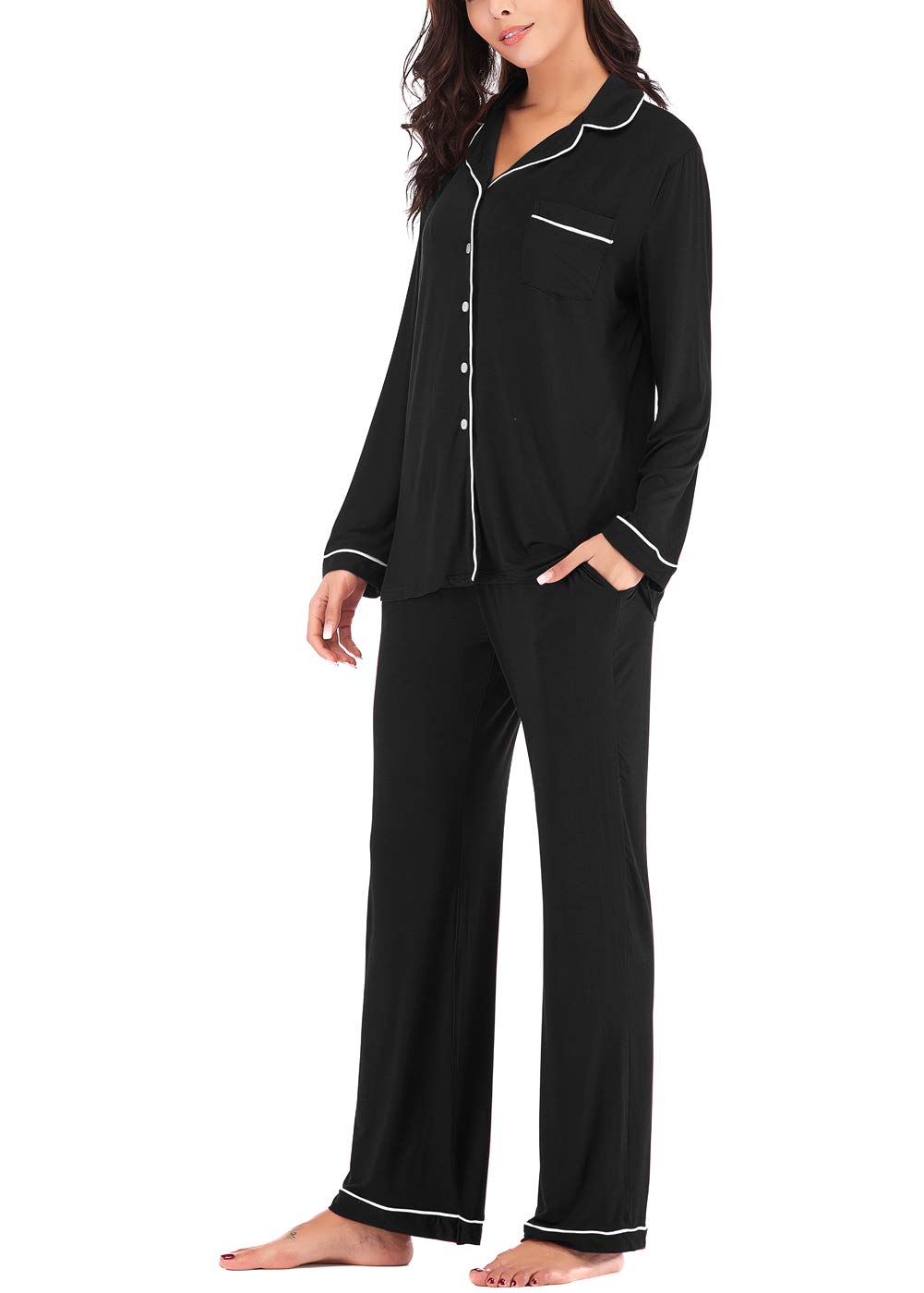 Aamikast Women's Pajama Sets Long Sleeve Button Down Sleepwear Nightwear Soft Pjs Lounge Sets (Black XS)