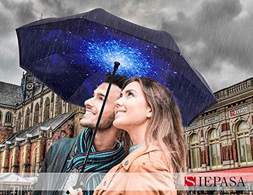 SIEPASA 49/56 Inch Inverted Reverse Upside Down Umbrella, Extra Large Double Canopy Vented Windproof Waterproof Stick Golf Umbrellas with C-shape Handle.(Black & Starry/ 2 Pack, 49 Inch)