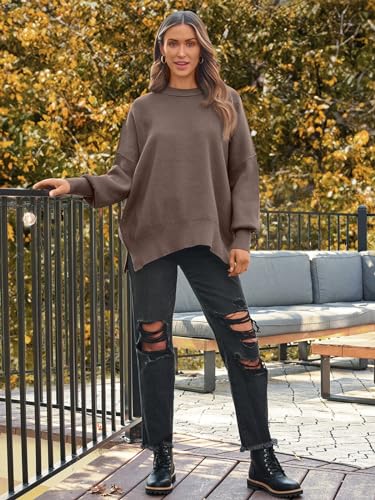 LILLUSORY Women's Oversized Batwing Sweaters 2024 Fall Outfits Crewneck Ribbed Knit Side Slit Trendy Pullover Tops Nutmeg S