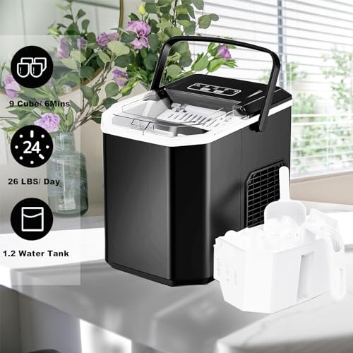 Countertop Ice Maker, Portable Ice Machine with Carry Handle, Self-Cleaning Ice Makers with Basket and Scoop, 9 Cubes in 6 Mins, 26 lbs per Day, 2 Sizes of Bullet Ice for Home Kitchen Office Bar Party