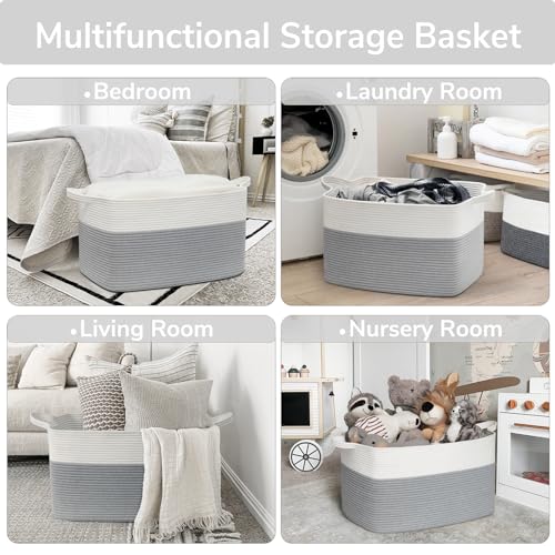 Goodpick Large Toy Storage Basket, 65L Grey Cotton Rope Basket Toy Storage Bin for Baby, Kids, Woven Storage Basket with Handle for Laundry, Living Room, Nursery, Bedroom, 21.6" x 14.9" x 11.8"