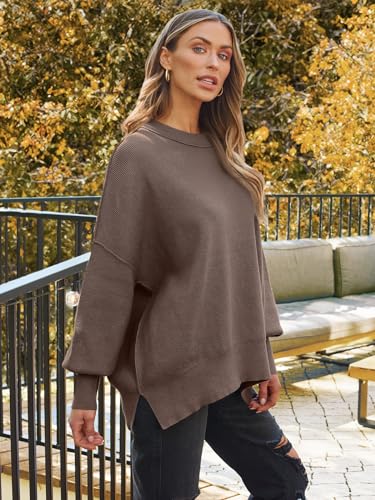 LILLUSORY Women's Oversized Batwing Sweaters 2024 Fall Outfits Crewneck Ribbed Knit Side Slit Trendy Pullover Tops Nutmeg S