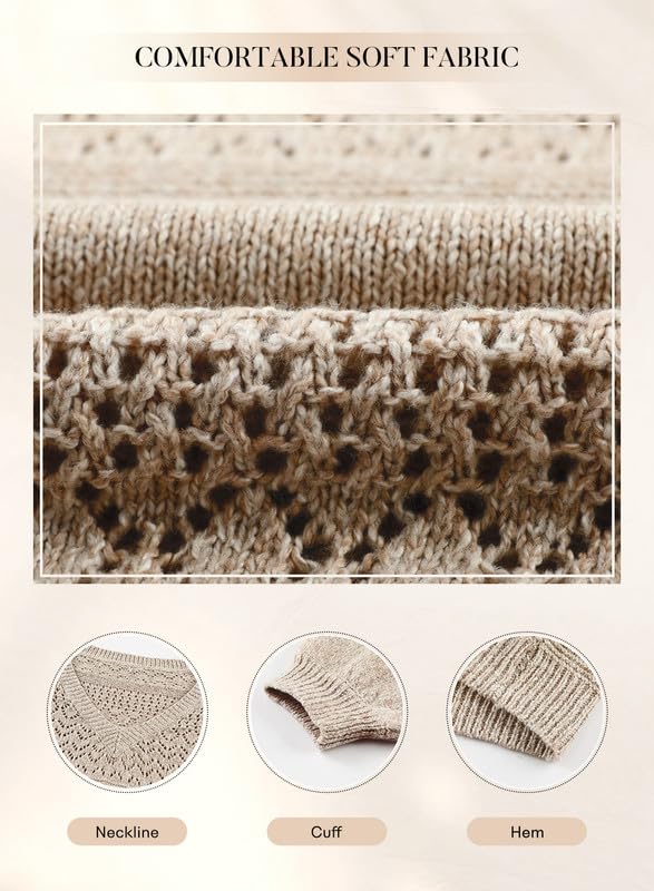 SHEWIN Womens Crochet Sweaters Long Sleeve V Neck Lightweight Sweater Hollow Out Cable Knit Pullover Jumper Fall Tops for Women 2024, US 4-6(S), Brown