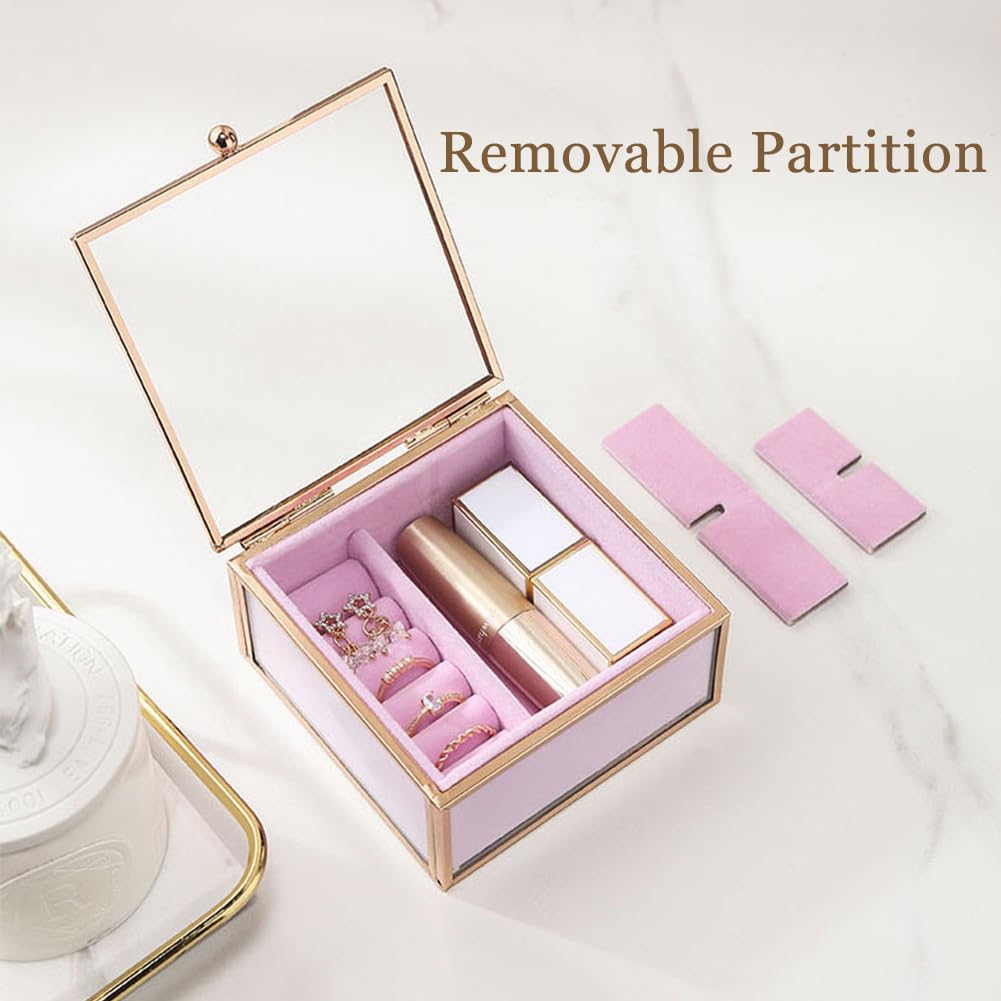 Veki Travel Jewelry Organizer Box, Clear Glass Jewelry Case with Gold Frame for Women Girls, Transparent Display Boxes with Removable Compartment for Earring, Ring, Necklaces, Bracelets (Square)