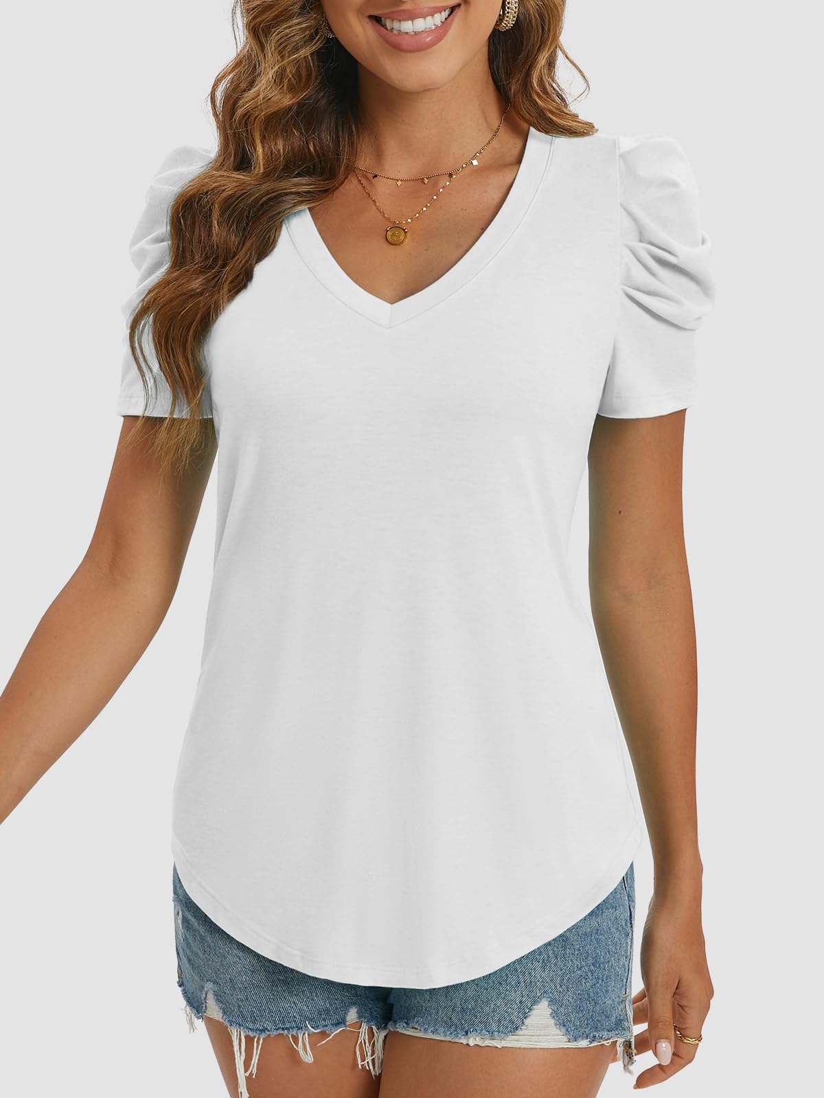 ATHMILE Womens Summer Shirt V Neck Casual Tshirts Puff Sleeve Tops for Women Trendy 2024 Tunic Solid Color White