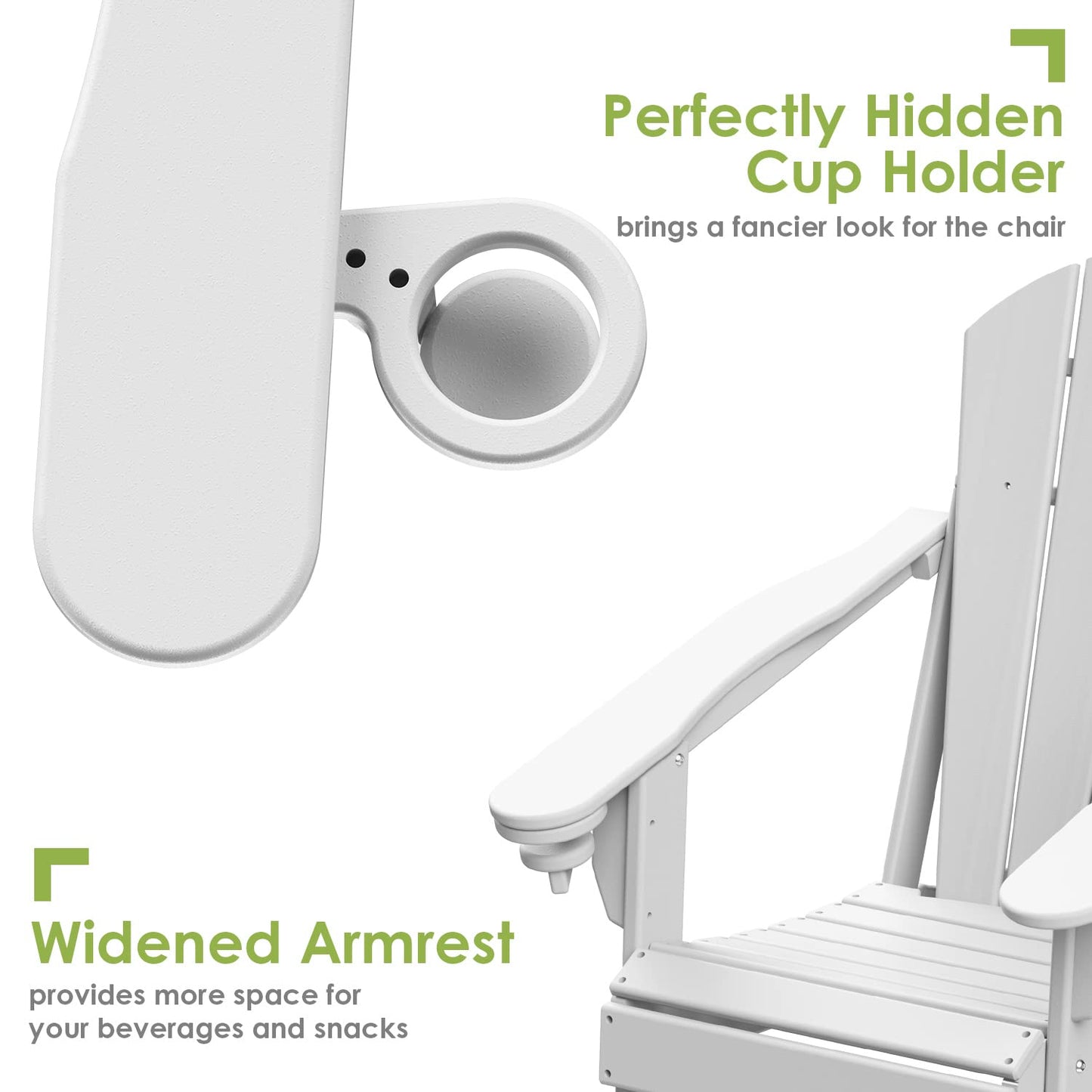 GREENVINES Folding-Adirondack-Chair | HDPE Plastic | Fire Pit Chairs | All Weather | Cup Holder | White | for Deck Backyard Patio Outdoor Garden