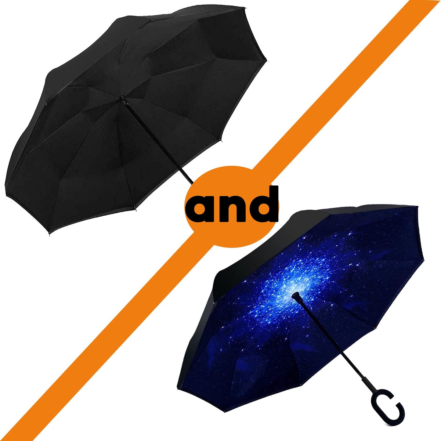 SIEPASA 49/56 Inch Inverted Reverse Upside Down Umbrella, Extra Large Double Canopy Vented Windproof Waterproof Stick Golf Umbrellas with C-shape Handle.(Black & Starry/ 2 Pack, 49 Inch)