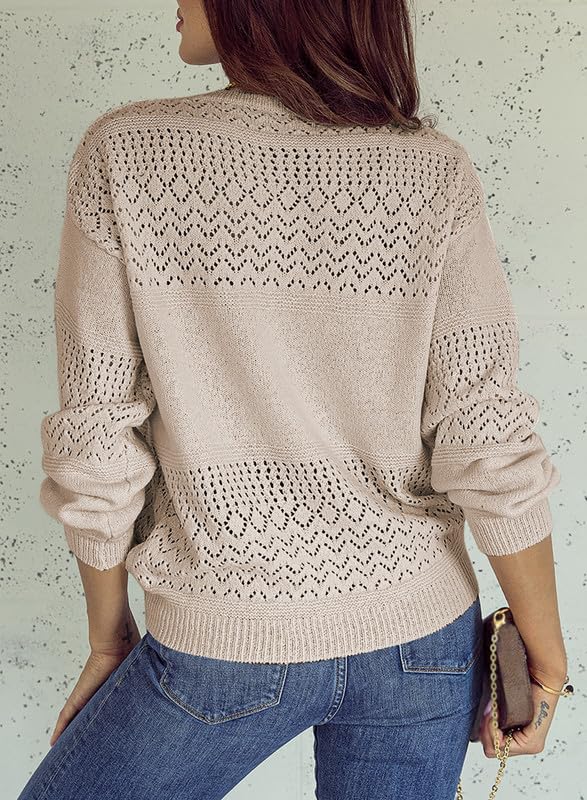 SHEWIN Womens Crochet Sweaters Long Sleeve V Neck Lightweight Sweater Hollow Out Cable Knit Pullover Jumper Fall Tops for Women 2024, US 4-6(S), Brown