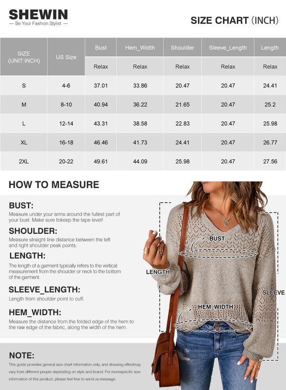 SHEWIN Womens Crochet Sweaters Long Sleeve V Neck Lightweight Sweater Hollow Out Cable Knit Pullover Jumper Fall Tops for Women 2024, US 4-6(S), Brown