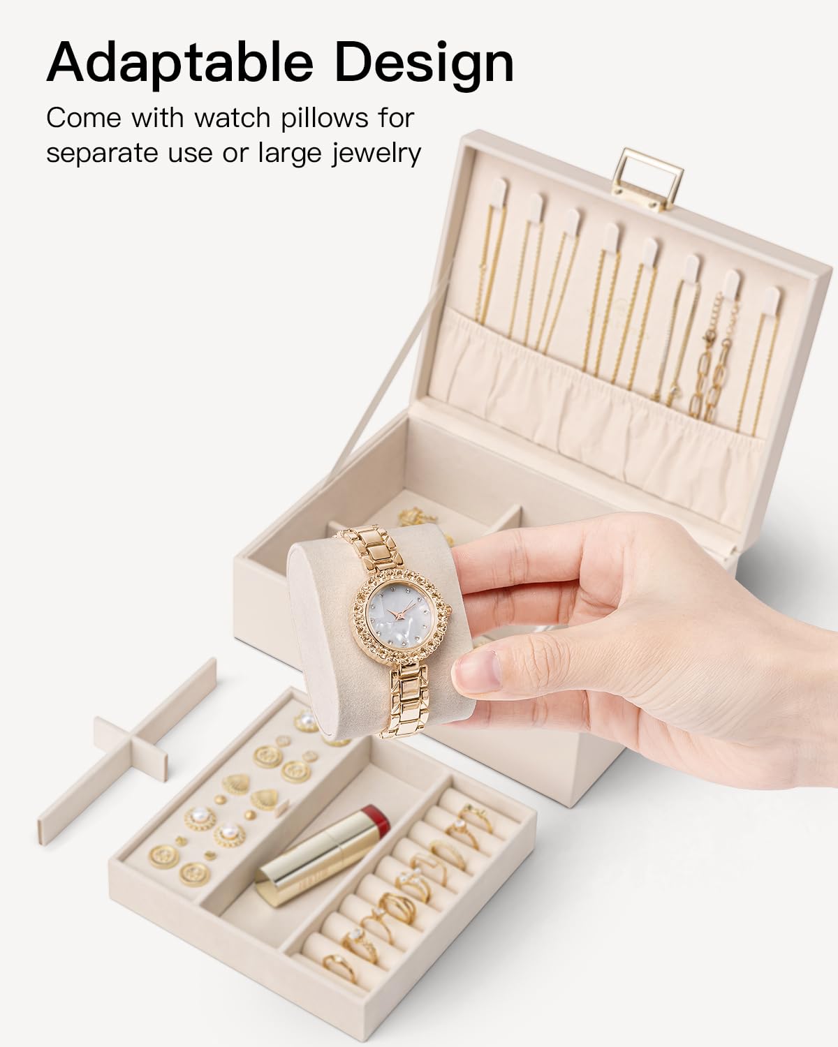Vlando 2 Layer Jewelry Box Large Jewelry Organizer for Women Removable Jewelery Tray with Watch Pillow for Necklace Earrings Rings Bracelets Jewelry Boxes for Mother‘s Day Gifts (Apricot White)