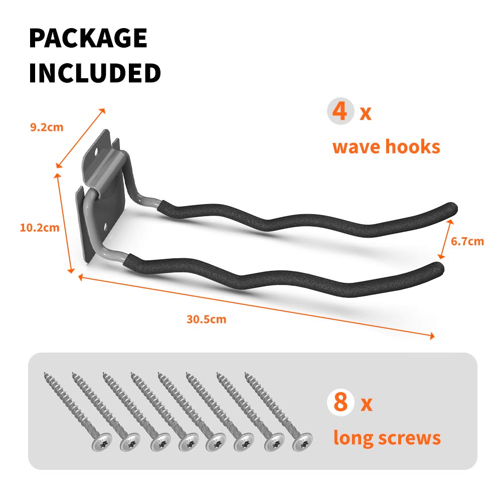 TORACK Garage Hooks Tool Organizer, 4 Pack Heavy Duty Steel 12" Wave Hooks, Wall Mount Garage Storage Utility Hooks for Car Tires, Ladder, Chairs, Power Tools, Garden Tools