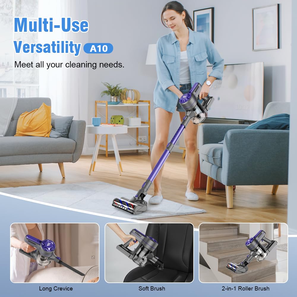 Vacuum Cleaner for Home, Cordless Vacuum Cleaner with 2200mAh Powerful Lithium Batterie, Up to 30 Minutes, Powerful Suction, Rechargeable, 4 in 1 Lightweight Vacuum for Hardwood Floor