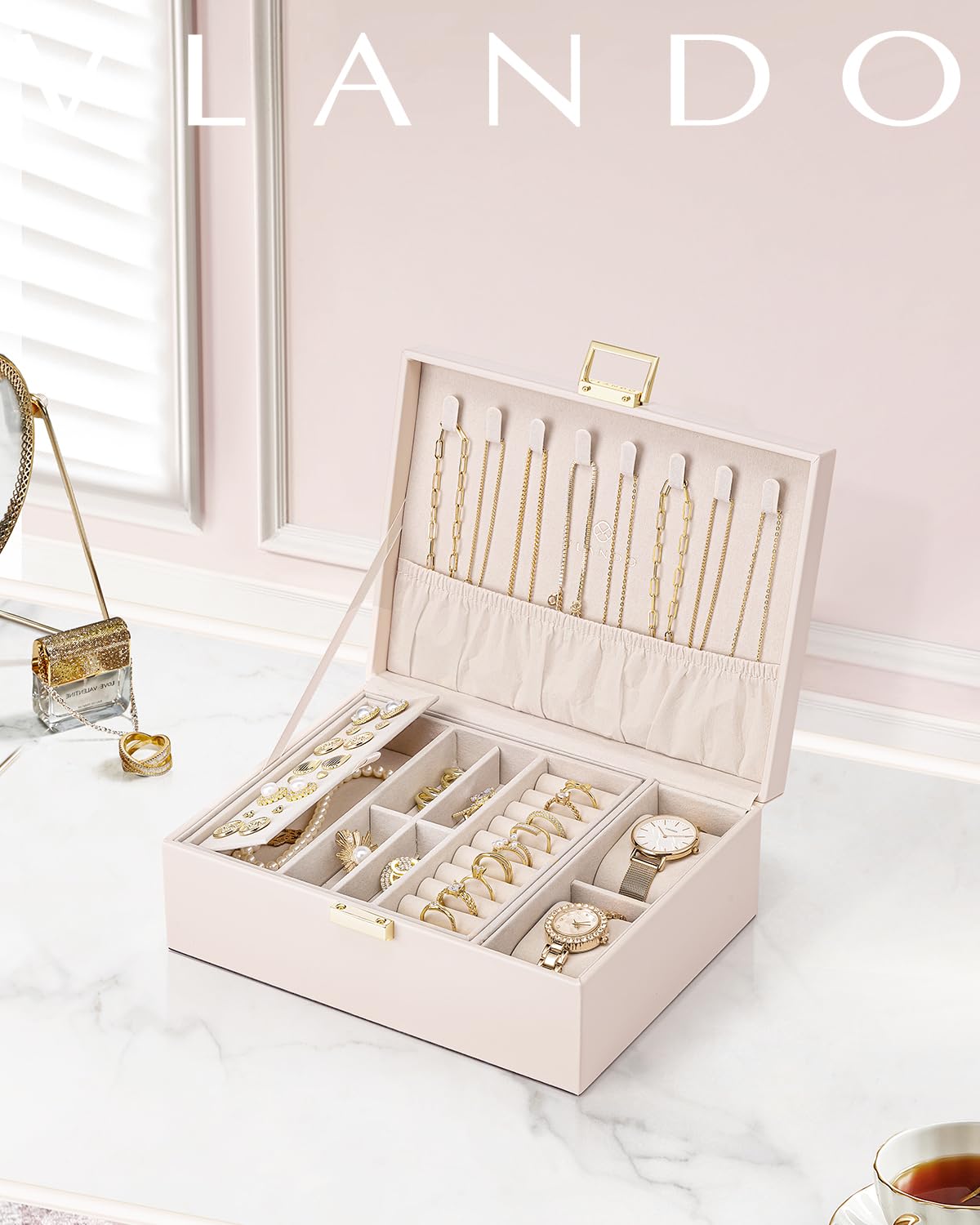 Vlando 2 Layer Jewelry Box Large Jewelry Organizer for Women Removable Jewelery Tray with Watch Pillow for Necklace Earrings Rings Bracelets Jewelry Boxes for Mother‘s Day Gifts (Apricot White)