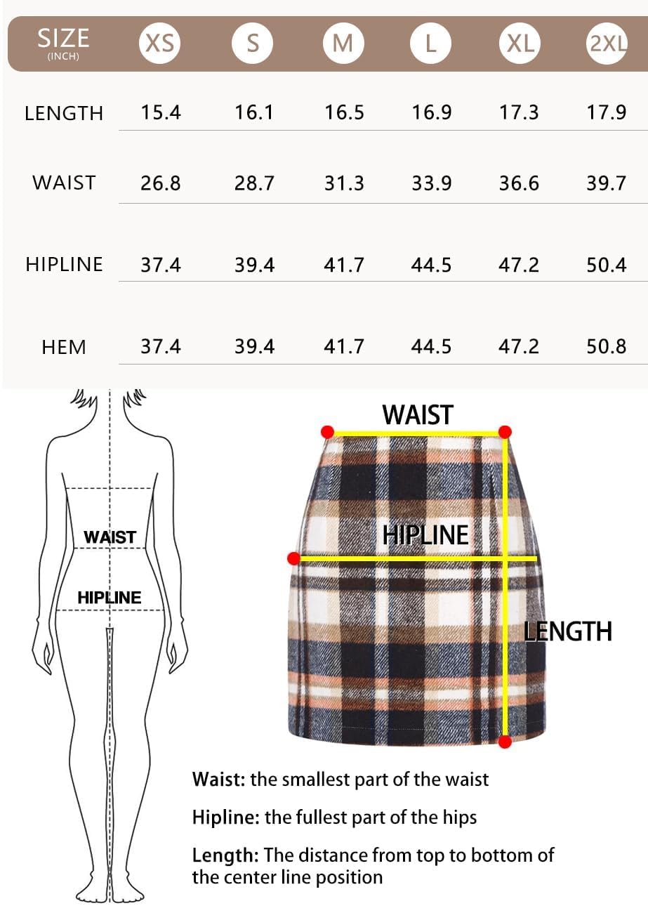 Womens High Waist Plaid Skirt Bodycon Pencil Wool Mini Skirts(Black, XS)