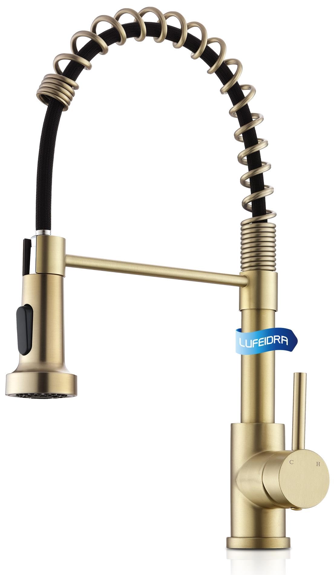 LUFEIDRA Brushed Gold Kitchen Faucet-Gold Sink Faucet with Sprayer Single Handle Stainless Steel Gold Faucet for Kitchen Sink Farmhouse Camper Commercial Modern RV Outdoor