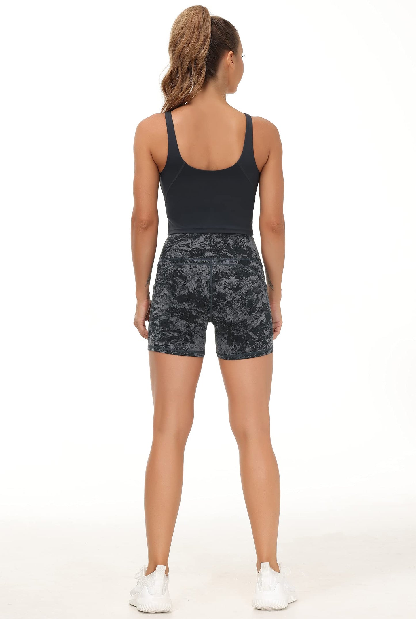 THE GYM PEOPLE High Waist Yoga Shorts for Women Tummy Control Fitness Athletic Workout Running Shorts with Deep Pockets (X-Large, Gray-Marble)
