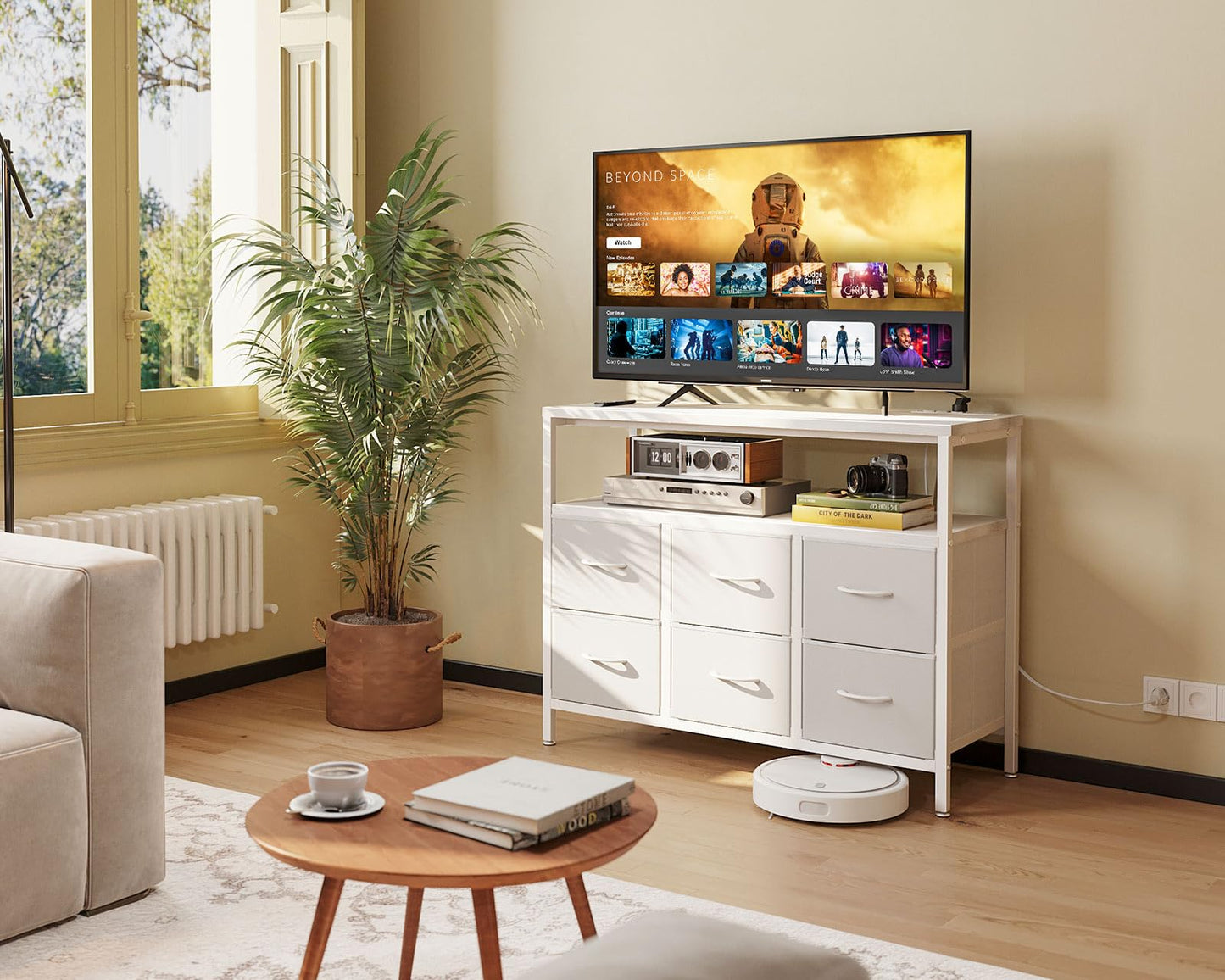 AODK Dresser with Charging Station, 40-Inch Long Dresser for Bedroom with 6 Large Fabric Drawers, Dresser TV Stand with Open Shelves for 50 Inch TV, White