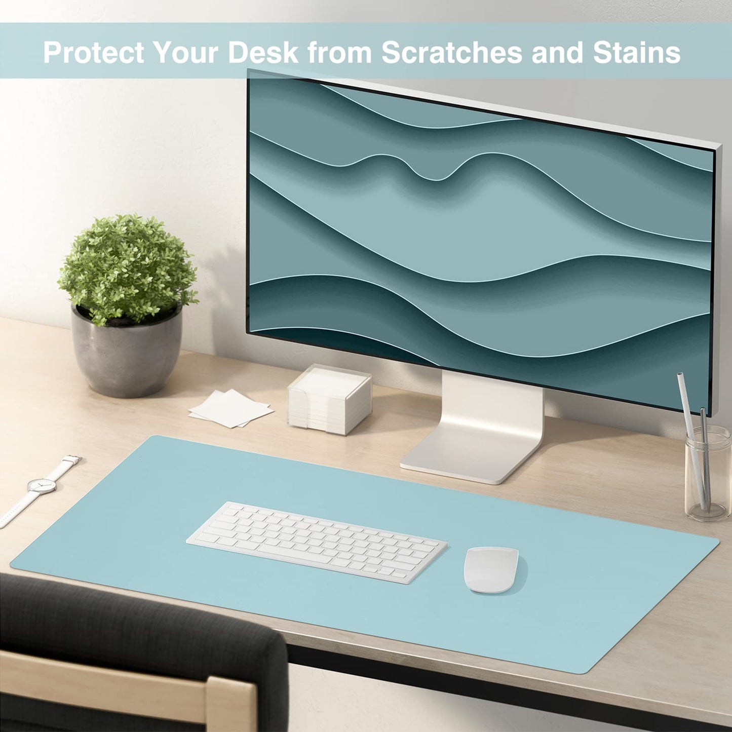 TOWWI Dual Sided Desk Pad, Large Desk Mat, Waterproof Desk Blotter Protector Mouse Pad, Leather Desk Pad Large for Keyboard and Mouse (24" x 14", Blue/Silver)