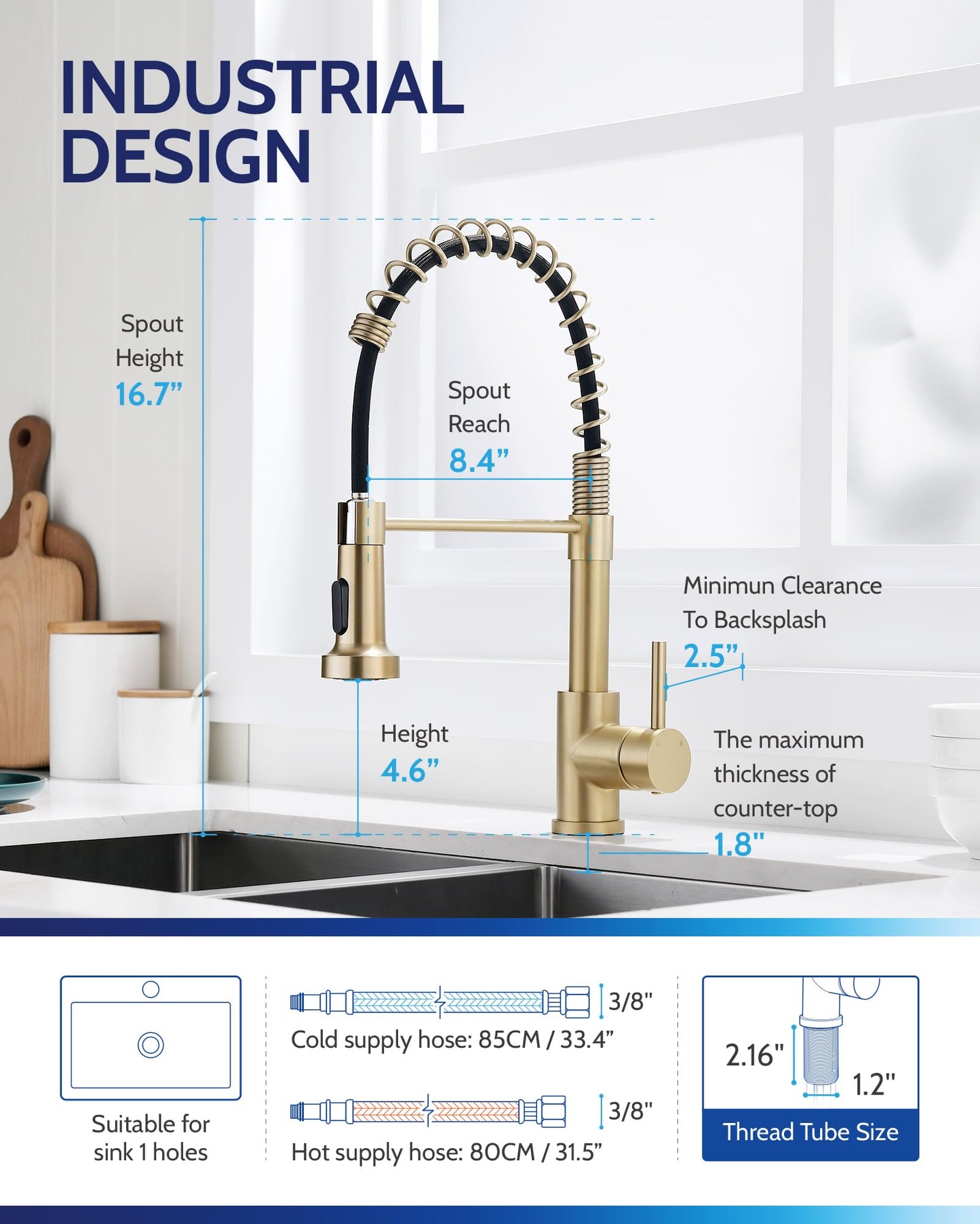 LUFEIDRA Brushed Gold Kitchen Faucet-Gold Sink Faucet with Sprayer Single Handle Stainless Steel Gold Faucet for Kitchen Sink Farmhouse Camper Commercial Modern RV Outdoor