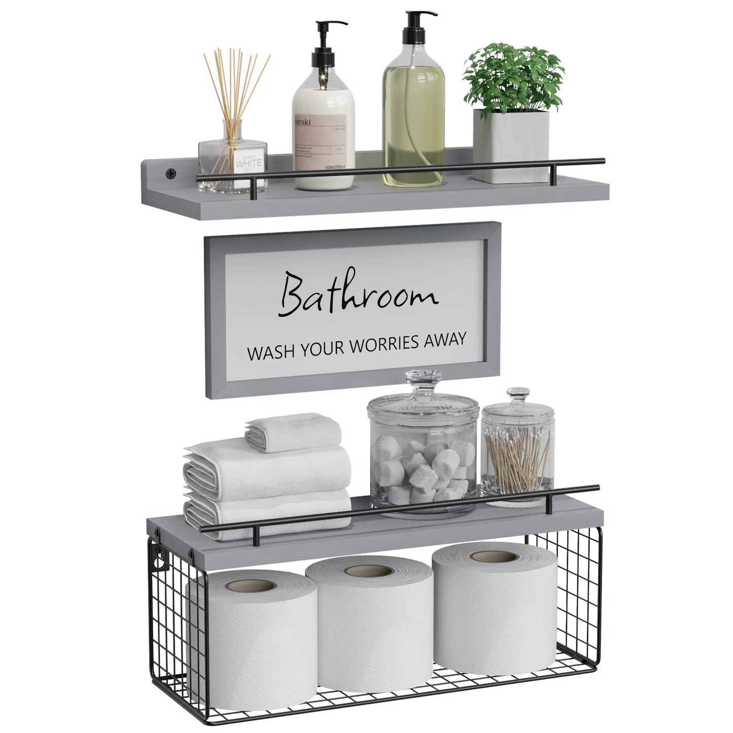 WOPITUES Floating Shelves for Bathroom Wall Decor Sign, Bathroom Organizers and Storage, Bathroom Shelves Over Toilet with Metal Guardrail-Grey