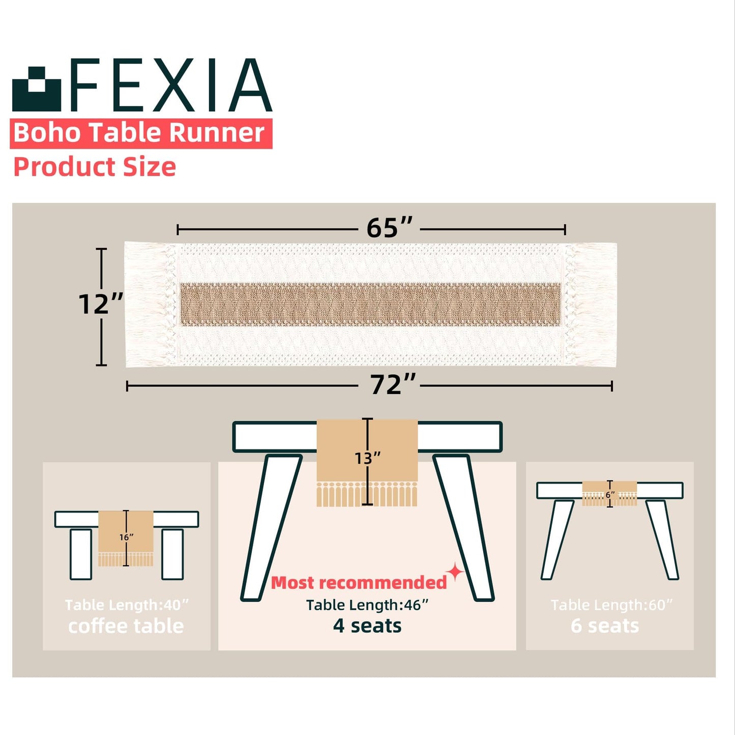 FEXIA Boho Table Runner for Home Decor with Tassels 72 Inches Long Farmhouse Rustic Table Runner Cream & Brown Macrame Burlap Fall Table Decoration for Living Room Bridal Shower (12x72 Inches)