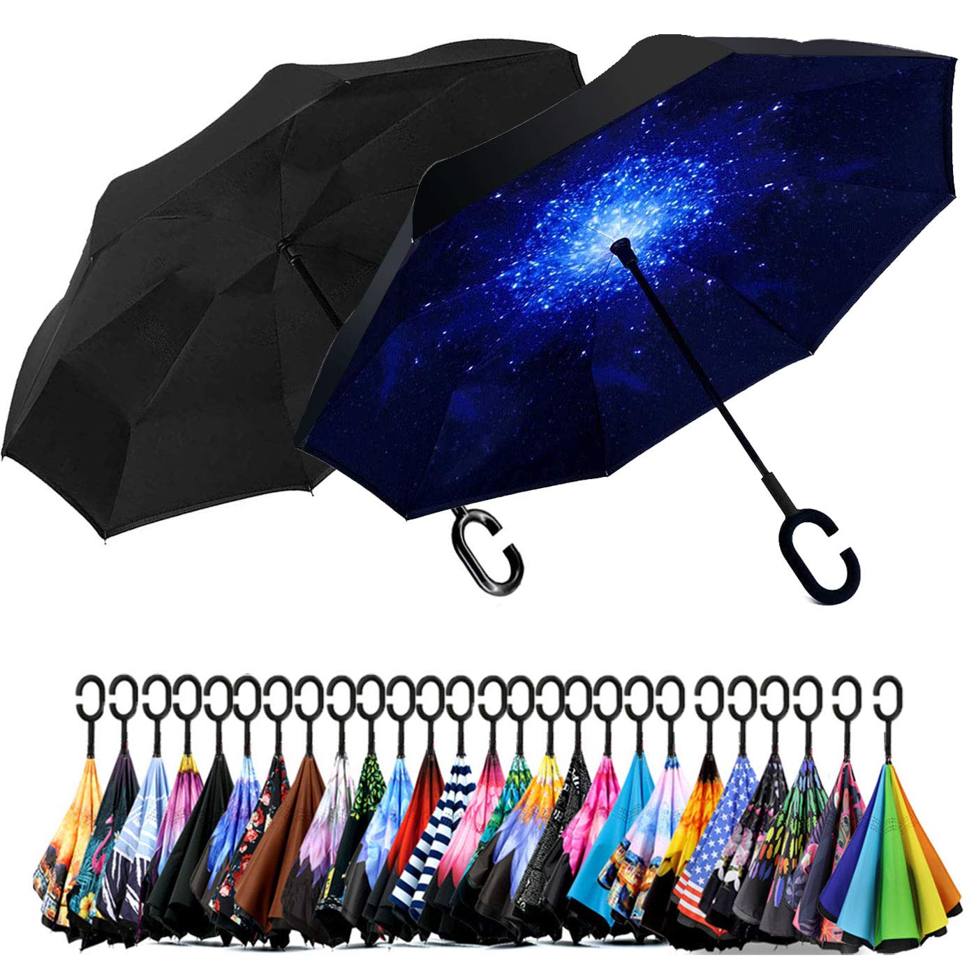 SIEPASA 49/56 Inch Inverted Reverse Upside Down Umbrella, Extra Large Double Canopy Vented Windproof Waterproof Stick Golf Umbrellas with C-shape Handle.(Black & Starry/ 2 Pack, 49 Inch)