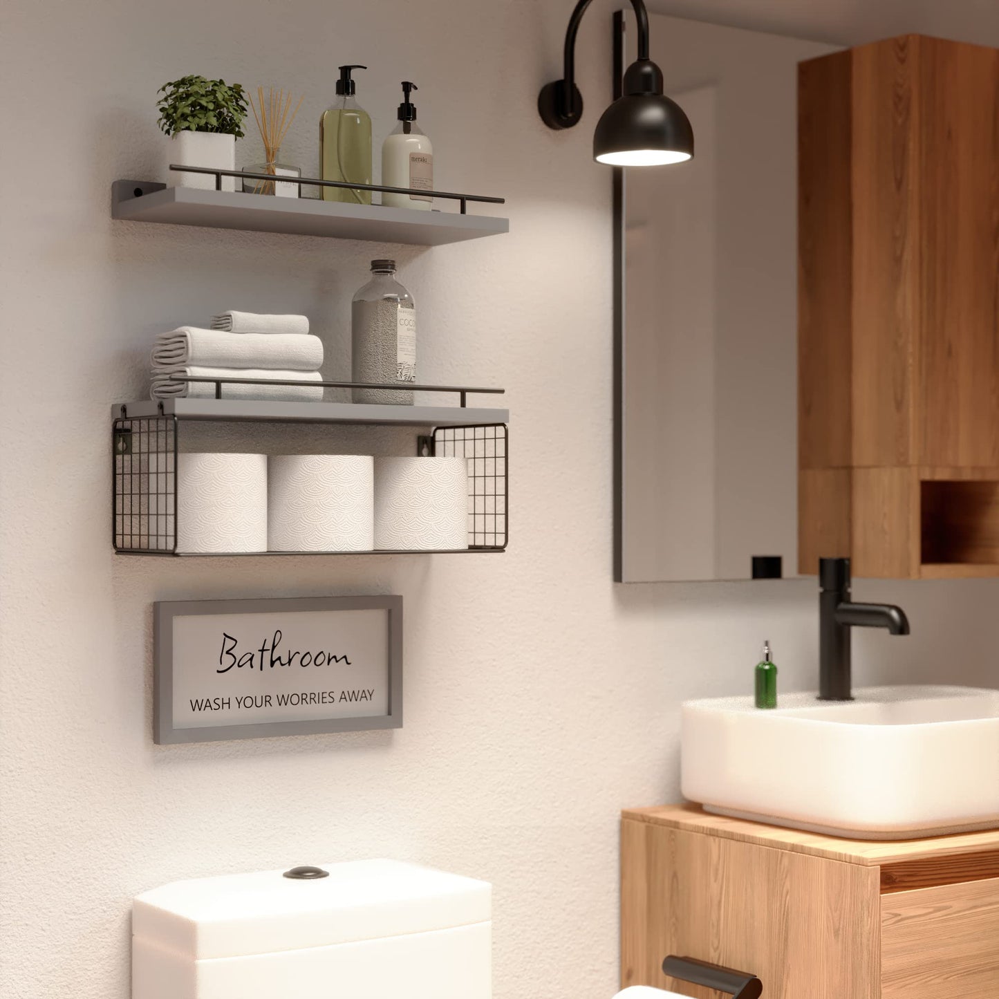 WOPITUES Floating Shelves for Bathroom Wall Decor Sign, Bathroom Organizers and Storage, Bathroom Shelves Over Toilet with Metal Guardrail-Grey