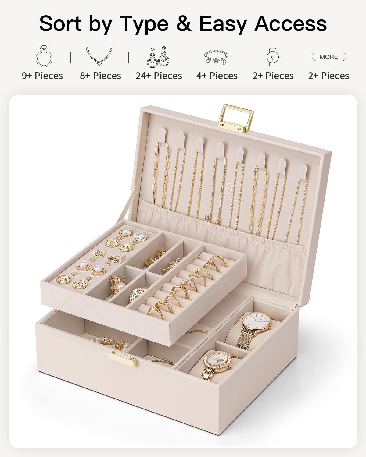Vlando 2 Layer Jewelry Box Large Jewelry Organizer for Women Removable Jewelery Tray with Watch Pillow for Necklace Earrings Rings Bracelets Jewelry Boxes for Mother‘s Day Gifts (Apricot White)