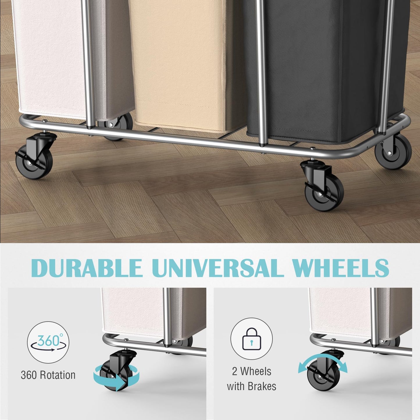 PLKOW Laundry Sorter 3 Section, 220L Large Laundry Cart with Wheels 3 Hamper Laundry Sorter with Steel Frame and Removable Bag, Rolling Laundry Cart for Home, Laundry Room, Hotel, 6 Bushel