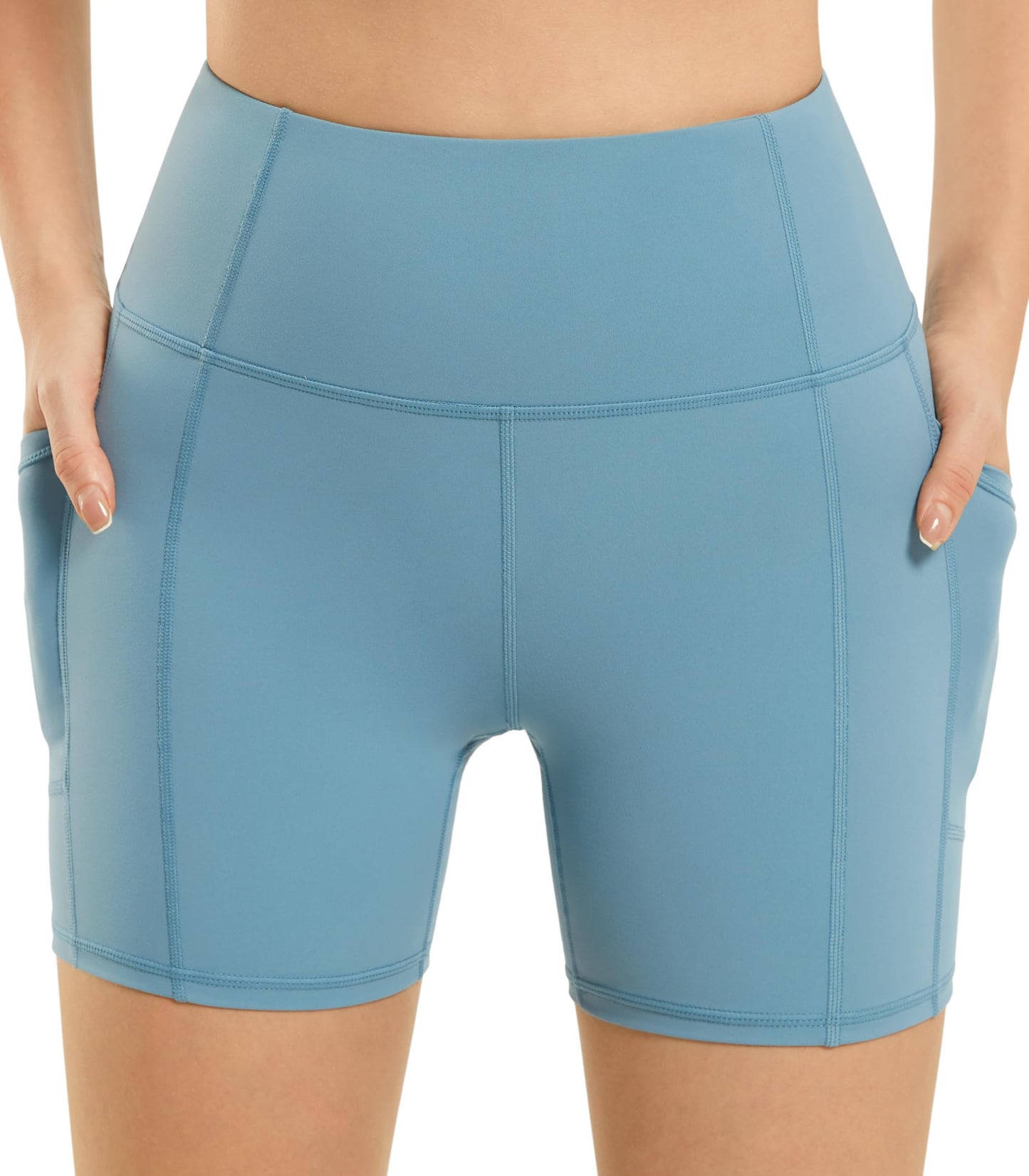 PERSIT Yoga Shorts for Women with Pockets High Wasited Running Athletic Biker Workout Shorts Tight Fitness Gym Shorts Yoga Pants - Blue - M