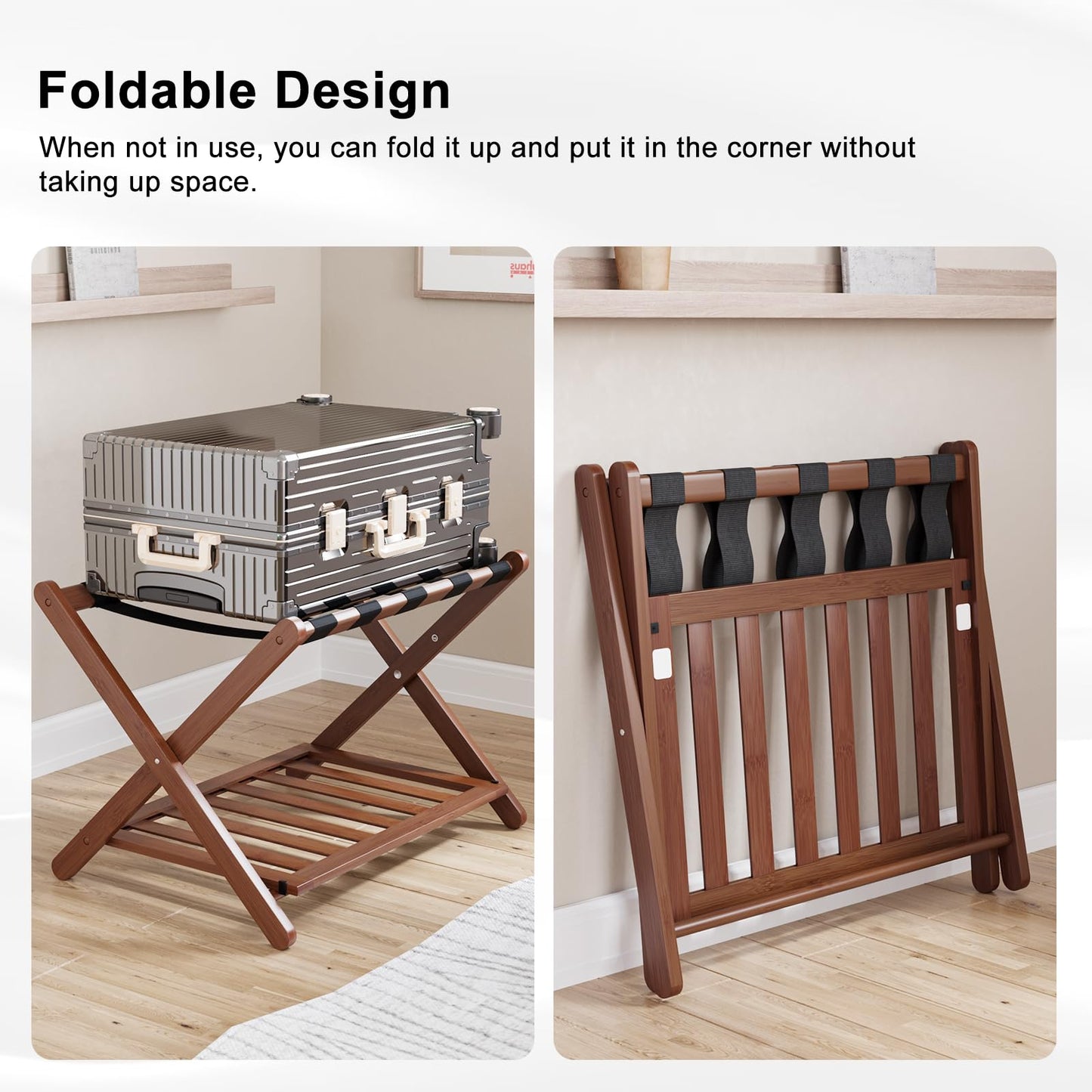Smuxee Fully Assembled Walnut Luggage Rack, Upgraded Bamboo Foldable Suitcase Stand with 5 Nylon Straps, Luggage Holder with Shelf for Guest Room Bedroom Hotel