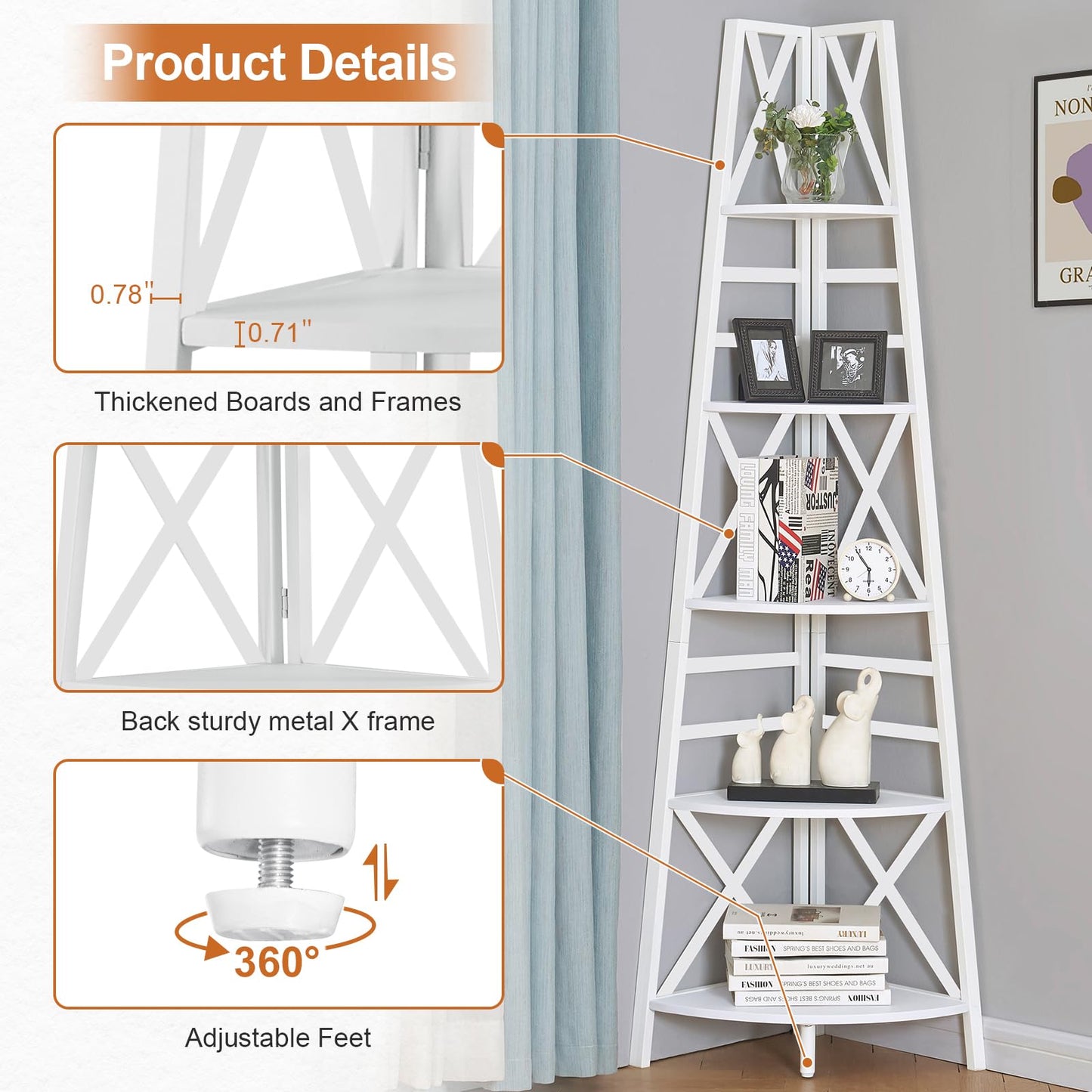 HOMBAZAAR Corner shelf,5-Tier Freestanding Corner Bookshelf,Tall Corner Ladder Shelf with Metal Frames,Multifunctional Corner Shelf Stand for Living Room, Bedroom, Kitchen, Home Office, White