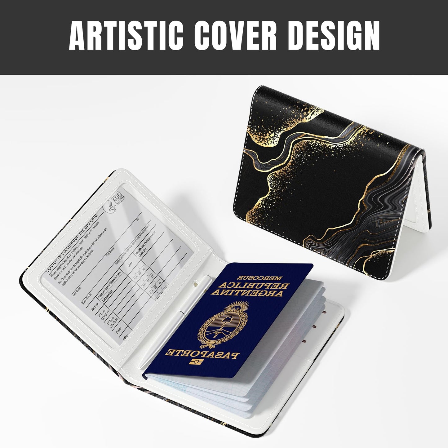 Rimilak Passport Holder, RFID Blocking Passport Cover Wallet with Clear Window, Leather Travel Air Ticket Documents Organizer Protector for Women and Men, Gold Marble