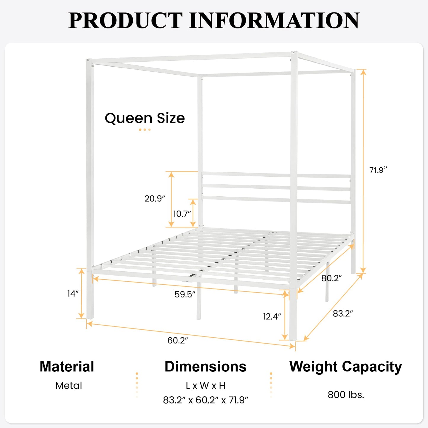 SHA CERLIN Metal Canopy Bed Frame Queen Size/Mattress Foundation with Metal Slats Support/No Box Spring Needed/Easy Assembly/White