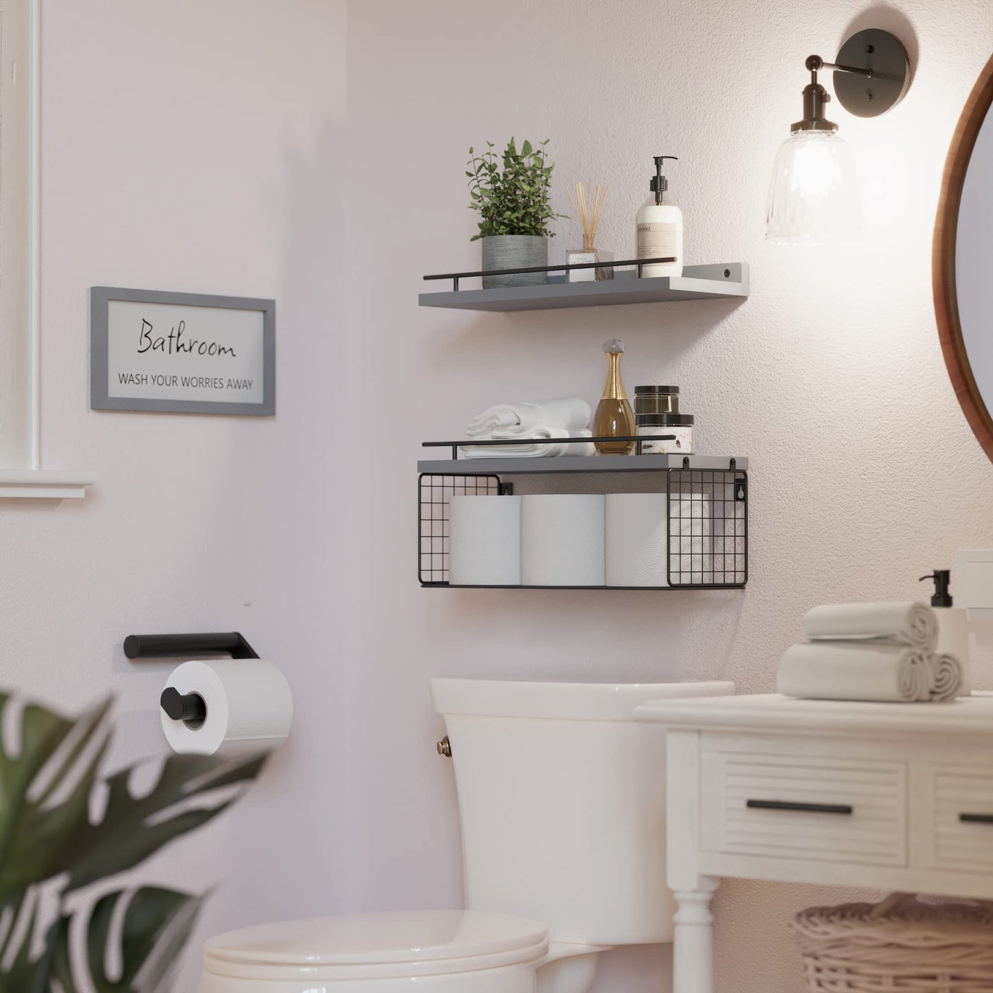WOPITUES Floating Shelves for Bathroom Wall Decor Sign, Bathroom Organizers and Storage, Bathroom Shelves Over Toilet with Metal Guardrail-Grey