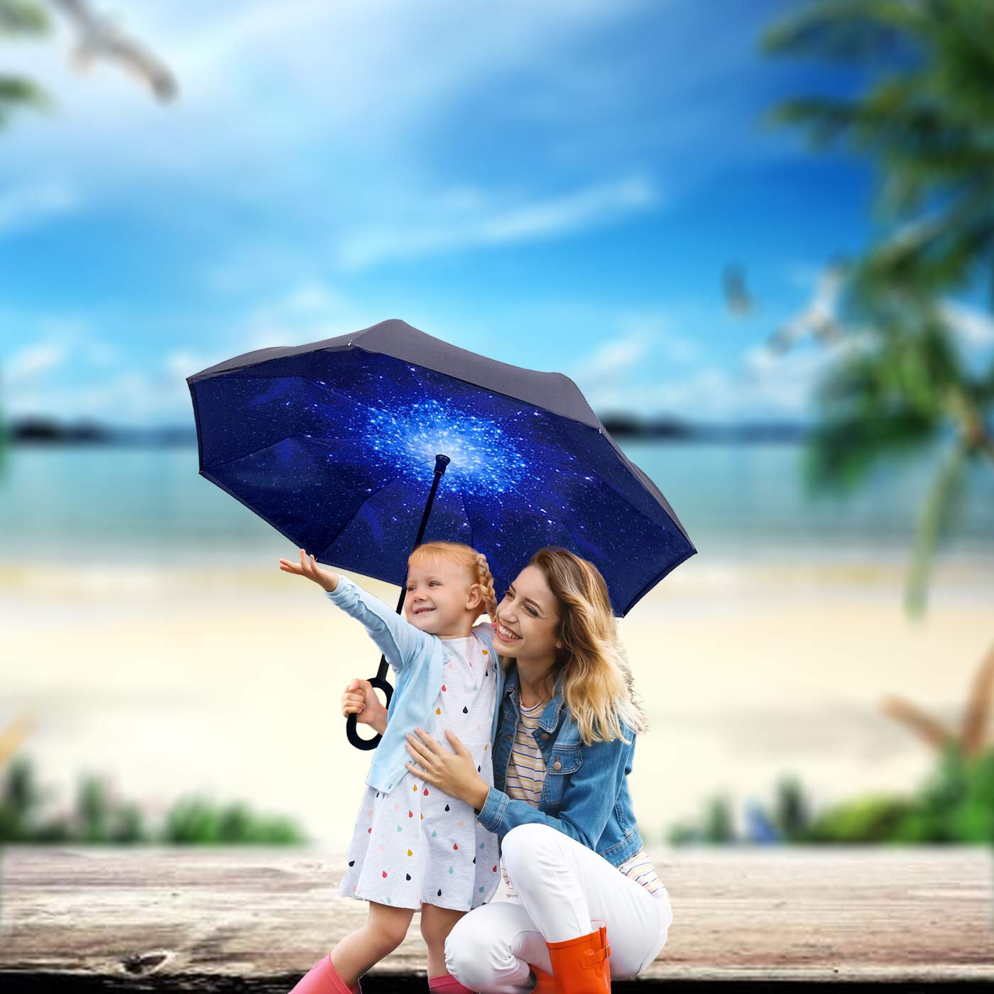 SIEPASA 49/56 Inch Inverted Reverse Upside Down Umbrella, Extra Large Double Canopy Vented Windproof Waterproof Stick Golf Umbrellas with C-shape Handle.(Black & Starry/ 2 Pack, 49 Inch)